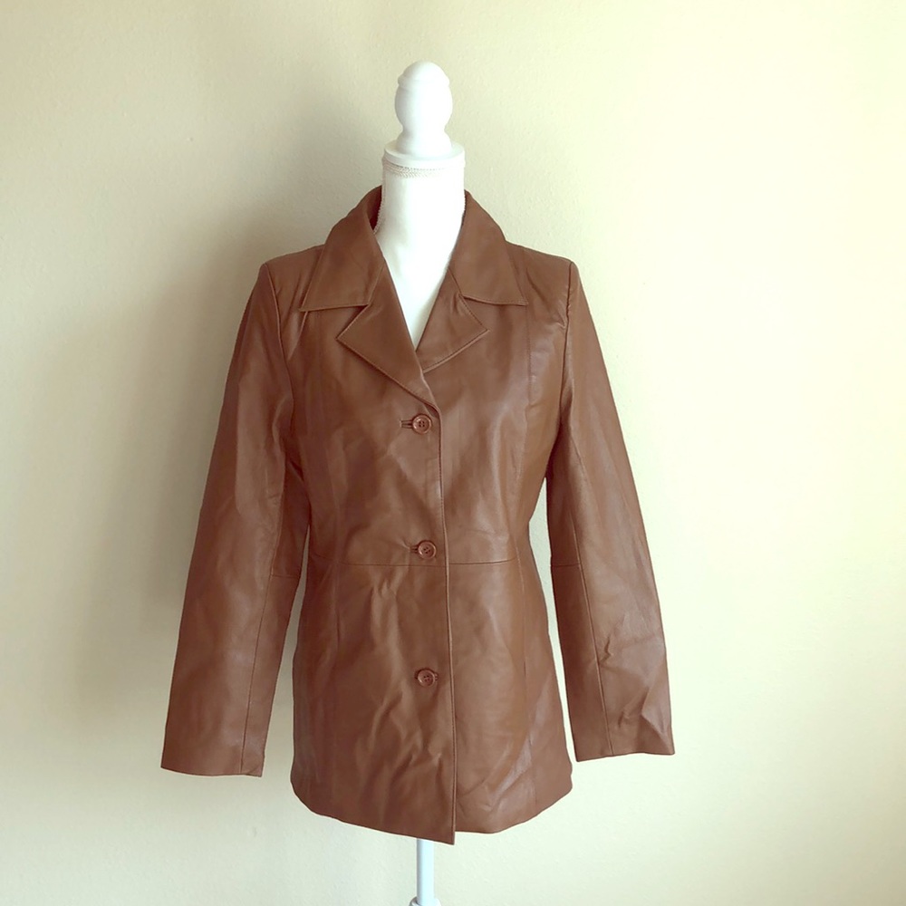 Dialogue QVC brown camel leather fitted jacket CH